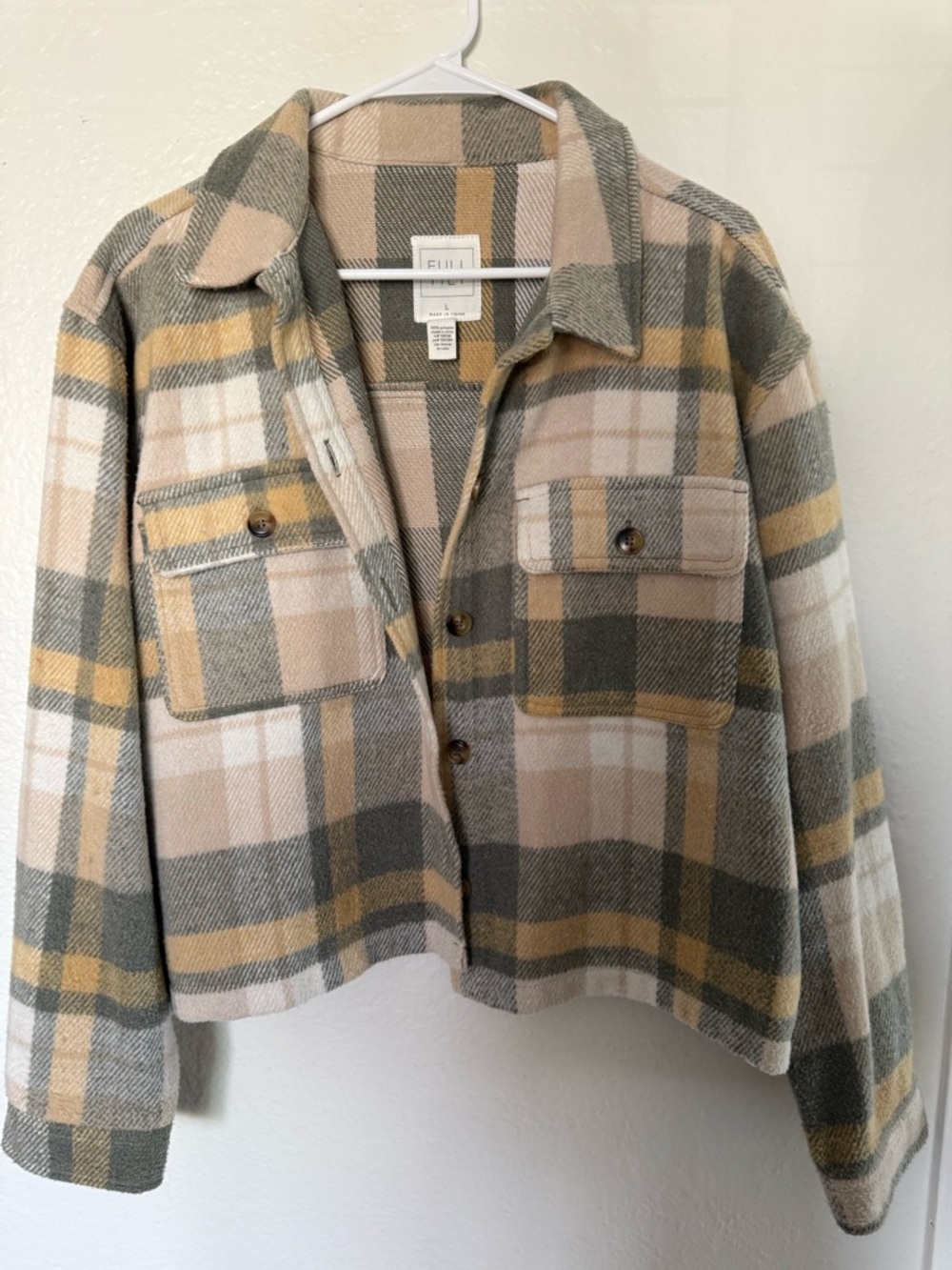 Full Tilt Plaid Shacket Jacket - Beige, Green & Yellow